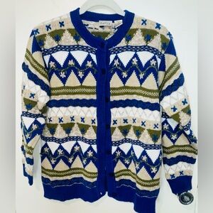 Vintage Northern Isles blue/white wool cardigan sweater 80s 90s laura gayle sz M